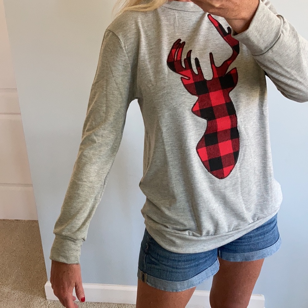 Grey French Terry Long Sleeve Plaid Reindeer Top - Picture 3 of 10